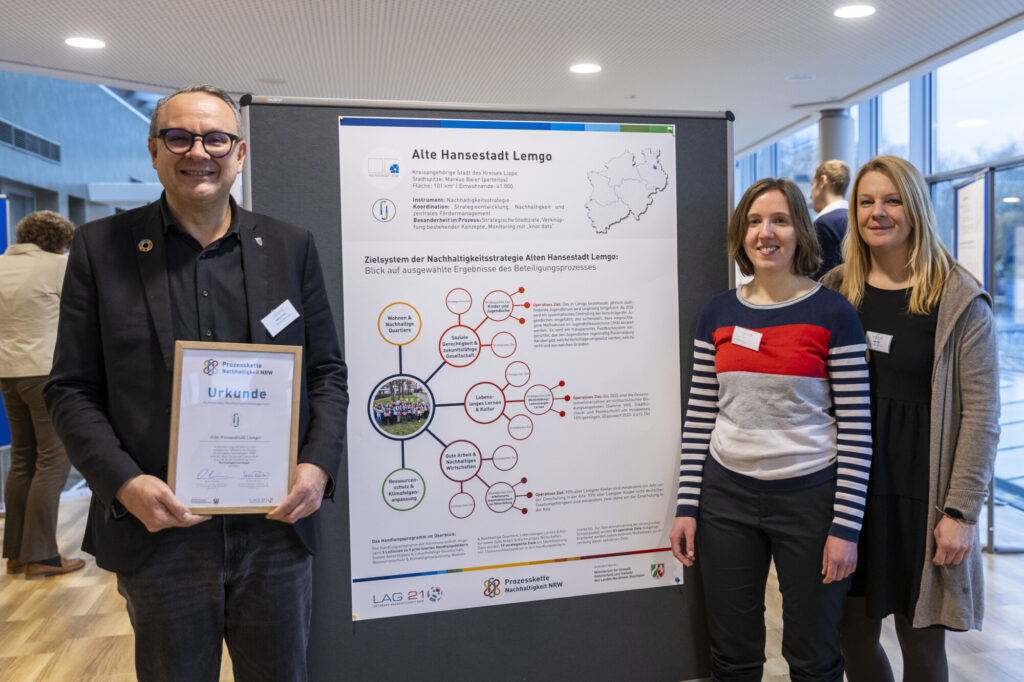 Bürgermeister Markus Baier, Klimaschutzmanagerin Ronja Post und Anja Kern (Strategieentwicklung). (Foto: LAG 21 NRW / Sarah Rauch)