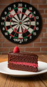 Tortenstück und Dartsscheibe im Hintergrund